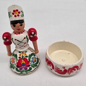 Vintage Hand Painted Russian Woman Trinket Box Wooden Figurine 5" Tall